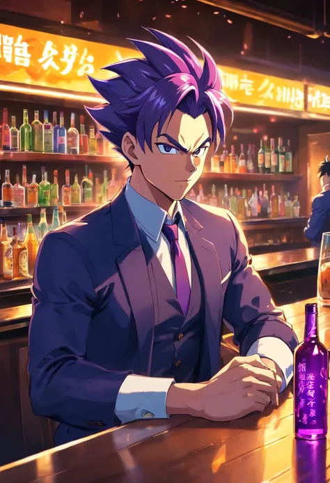 (best quality,realistic:1.37),medium:oil painting,vegeta in a black suit,vegeta standing in a bar,dragon ball style,men fashion,futuristic atmosphere,neon lights,cocktails,reflections on the wet floor,smoke in the air,energetic music,dark color palette,sha...