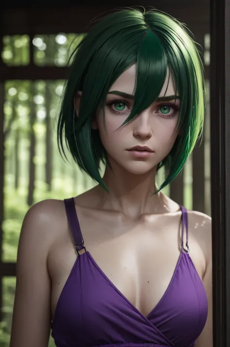 ratte867, 1girl, solo, (forest green hair:1.2), Asymmetrical haircut, (violet clothes:1.2) masterpiece, best quality, photorealistic, realistic, (RAW photo, 8k uhd, film grain), caustics, subsurface scattering