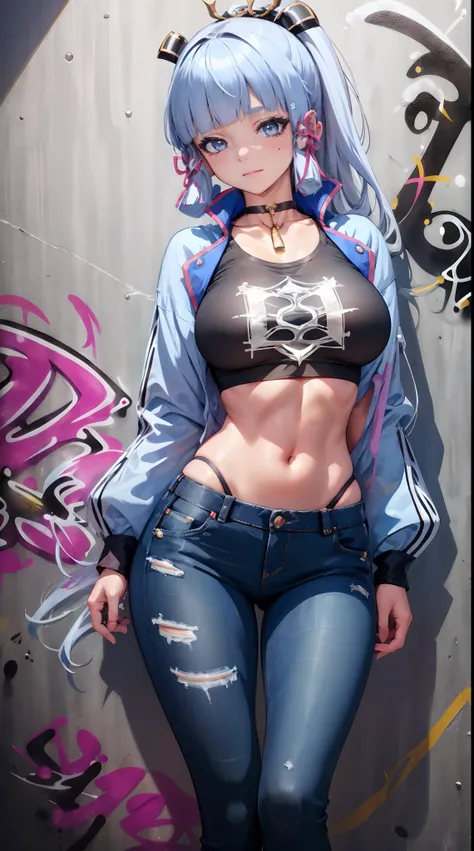 kamisato ayaka|genshin impact, master-piece, bestquality, 1girls,25 years old, crop top, long jeans, oversized breasts, ,bara, c...