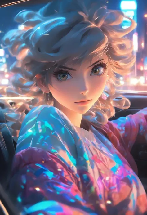 a woman leaning in her car on the street, in the style of luminous portraits, charming anime characters, photo-realistic techniques, chinapunk, 32k uhd, light silver and dark brown, wavy --ar 69:128 --s 750 --v 5.2