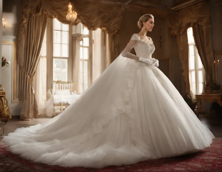 Best quality, Masterpiece, The noble queen wears a stately and exquisite royal wedding dress in white satin tulle，Wear extra-long white gloves，Decorated with a huge ribbon bow, Lace, frilld, Woven pleats, Embroidery and jewelry, With large puff sleeves, Ho...