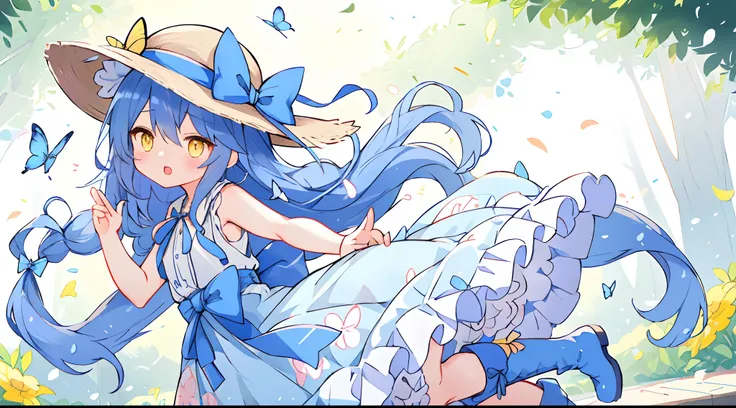 女の子1人、blue ribbons、florals、Windy, Thats why Im wearing a hat、Yawning face、Longer dress、length hair、bow ribbon、Sleeveless、a straw fedora hat、Eye Up、yellow  eyes、Urban Park、butterflys々is flying、kawaii pose、Im wearing cute boots、Stronger bokeh effect