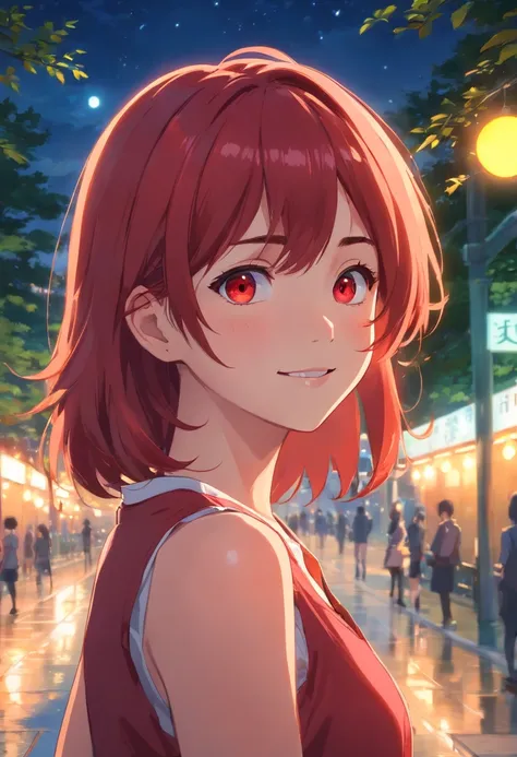 best quality, ultra high res, 1girl, solo, bareface, glowing eyes, red eyes, red hair, smile, sleeveless red button shirt, night, in the park, ((upper body)), ((puffy eyes)), (((looking at viewer))), ((closeup)),