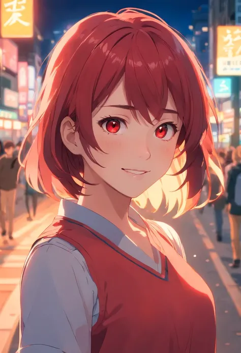 best quality, ultra high res, 1girl, solo, bareface, glowing eyes, red eyes, red hair, smile, sleeveless red button shirt, night, in the park, ((upper body)), ((puffy eyes)), (((looking at viewer))), ((closeup)),