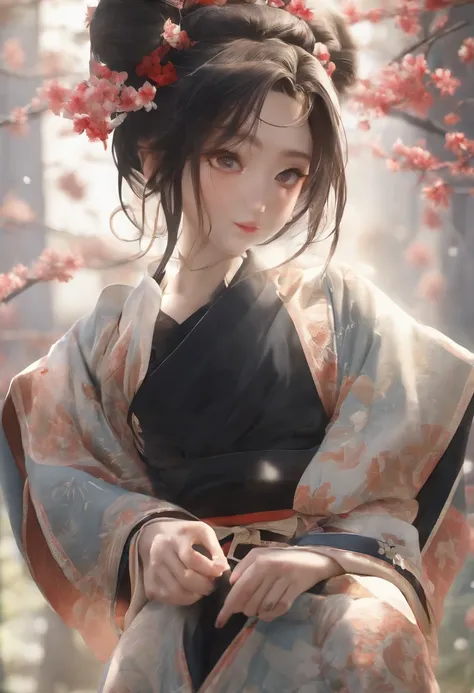 One girl,  (((japanese kimono))),Highest Quality, in 8K, masutepiece:1.3, Low exposure, Full body shot, Short hair,  Baby face, Large chest, Black hair, Ultra-detailed face, Detailed eyes, Big Bust, Double eyelids, Best Smile,
,b3rli,Asian Girl,