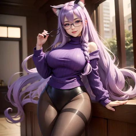 Masterpiece, Best quality, 1girll, ((view the viewer)), Lilac hair, Purple eyes, Long hair,  ahoge, Sweater, Sweater skirts, Pantyhose, 163cm, hair between eye, Large breasts, Adult, 33 years old, mature, Glasses, Solo, sole, Smile, Cat ears, Cat tail, Fan...