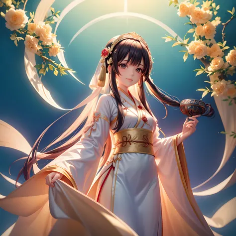 Movie Angle，（Cute girls，anatomy correct，full bodyesbian，Masterpiece camellia，Masterpiece Hanfu，ssmile），（illustratio，paper art，3Drenderingof），（plethora of colors，Best quality，high detal，tmasterpiece，Cinematic lighting effects，4K，Chiaroscuro）