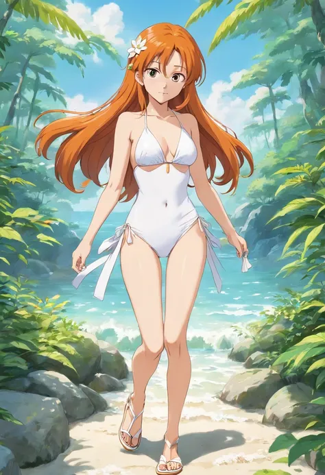 orihime from bleach wearing white bikini and white sandals