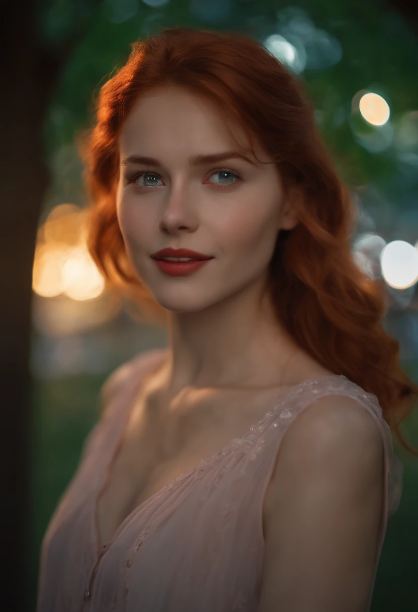 best quality, ultra high res, 1girl, solo, bareface, glowing eyes, red eyes, red hair, smile, sleeveless red button shirt, night, in the park, ((upper body)), ((puffy eyes)), (((looking at viewer))), ((closeup)),