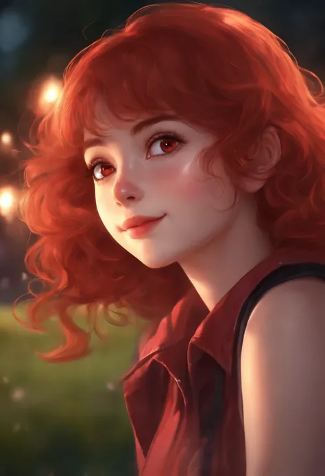 best quality, ultra high res, 1girl, solo, bareface, glowing eyes, red eyes, red hair, smile, sleeveless red button shirt, night, in the park, ((upper body)), ((puffy eyes)), (((looking at viewer))), ((closeup)),