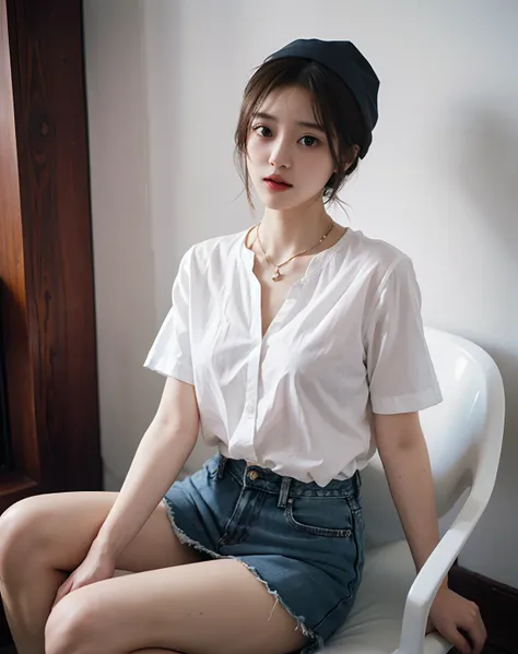 Summer barbecue、Woman sitting on chair wearing hat, fine white shirt, wearing a white button up shirt, in a white shirt, in a white shirt, Wearing a white shirt, wearing in shirt, Wearing a light shirt, digital art of an elegant, Wearing a blouse, wearing ...