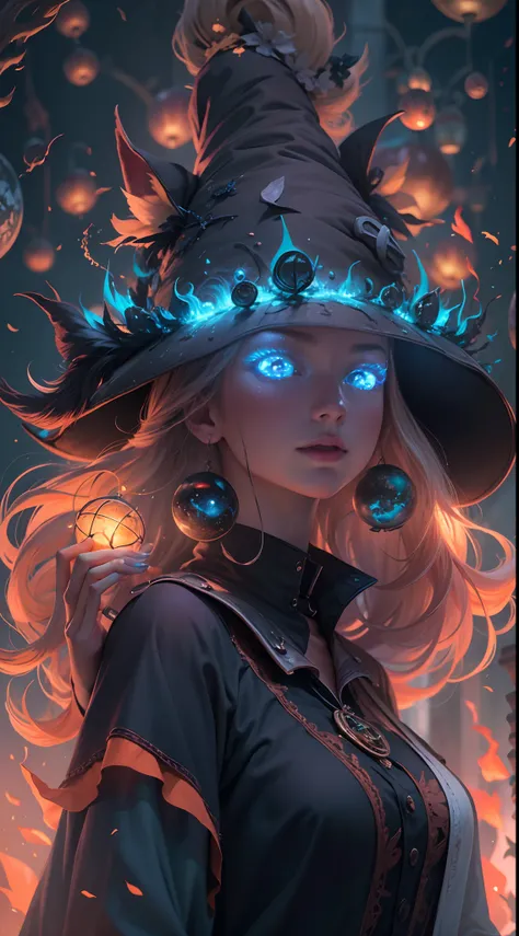 1 girl is 20 years old, A witch is neon lighting on hands, Otherworldly themes with dark fantasy and ethereal fantasy, Bright core with lots of magic orb backgrounds, fantastical realism,  La mejor calidad, highest qualityr, 8k, absurdo nada, High quality ...