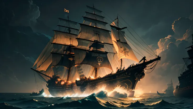 there is a man standing in the water looking at a ship, a ship lost in a storm, gothic ship on ocean, pirate ships at war at night, old pirate ship, background artwork, on a pirate ship background, dramatic nautical scene, a ship on a deserted island, dark...