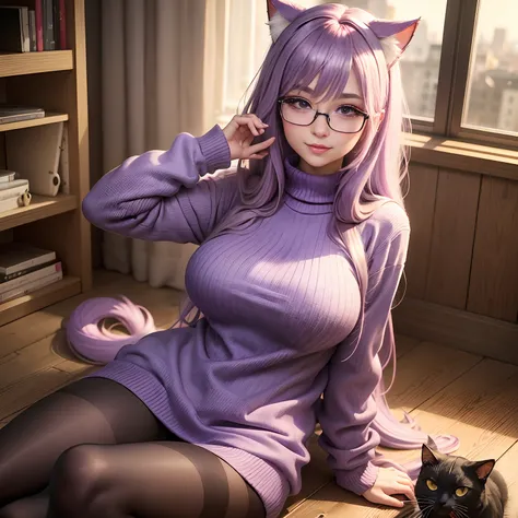 Masterpiece, Best quality, 1girll, ((view the viewer)), Lilac hair, Purple eyes, Long hair,  ahoge, Sweater, Sweater skirts, Pantyhose, 163cm, hair between eye, Large breasts, Adult, 33 years old, mature, Glasses, Solo, sole, Smile, Cat ears, Cat tail, Fan...