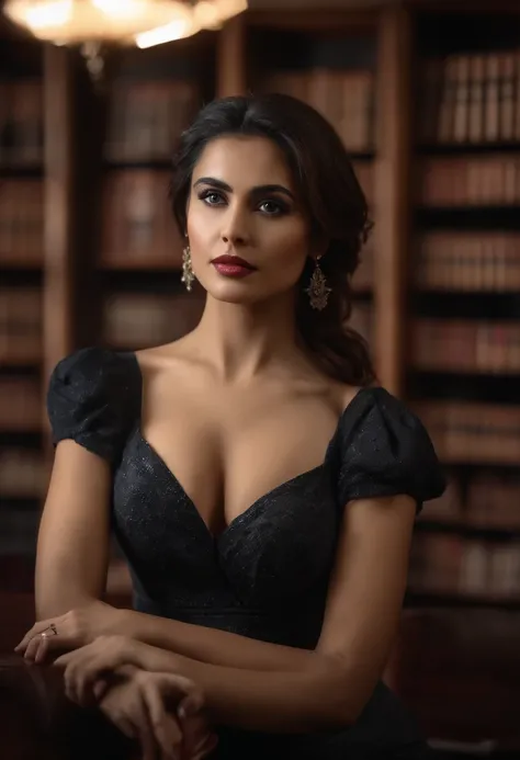 Rosita Lasari, (8k), (photorealistic:1.4),best quality, ultra high res, highly detailed eyes, 1girl, in library, sexy pose, cleavage cutout, fine cloth