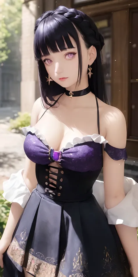 (masterpiece, best quality), 1girl, intricate details, print, earrings, upper body, bokeh, dappled sunlight,Blunt Bangs, purple eyes, long dark blue hair , off shoulder, high-waist skirt, choker, looking at viewer, french braid, clothing cutout, glitter, p...