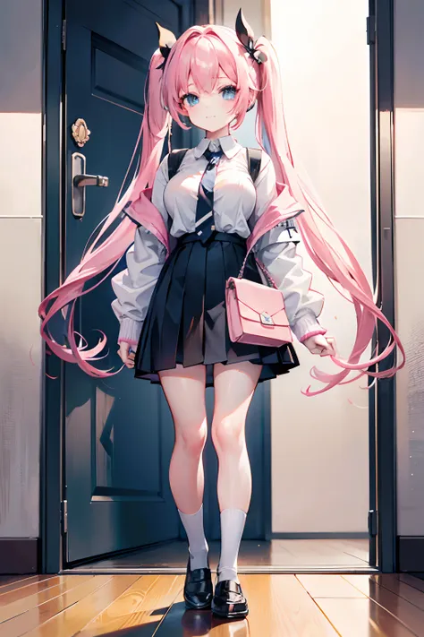 masutepiece、top-quality、ultra-detailliert、Unreal、1 little girl、Ultra-short stature、About half the height of the door、kawaii、Light pink hair、very long hair、2 pigtails、white shirt、Black jacket、blue tie、a black skirt、ultra gigantic tits、The chest is too big t...