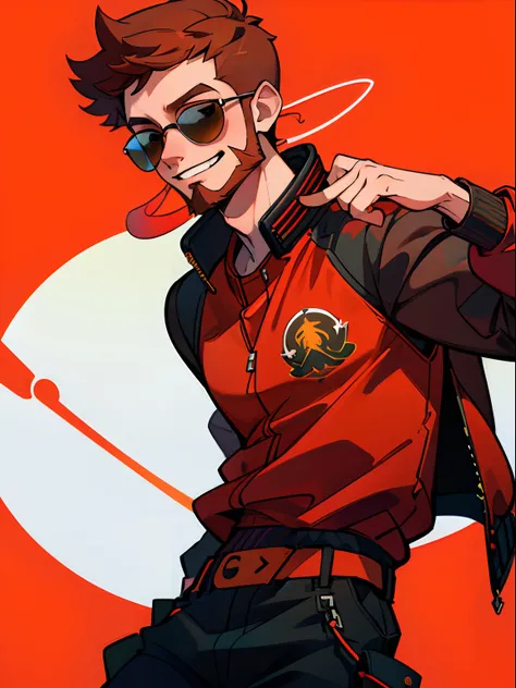 (1 boy), (alone), (young adult), white skin, shaved brown hair, brazilian juliete sunglasses, wearing headphones, happy face, ginger beard, black cargo pants, red jacket, white t-shirt, red air jordans, ((high quality)), ((very detailed))