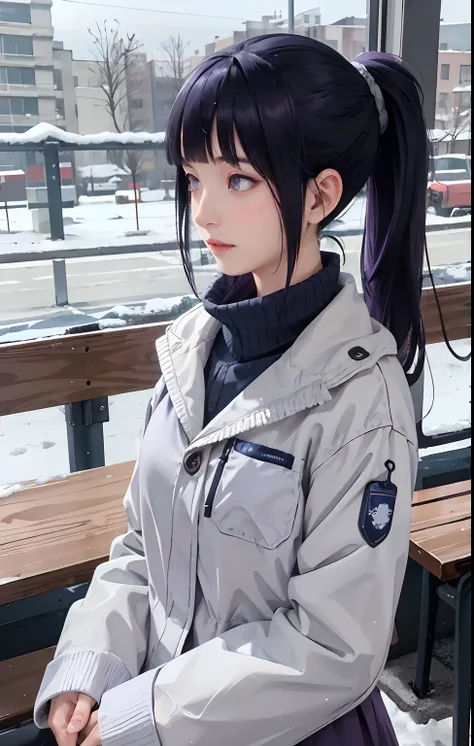 best quality, detailed background, a girl,sea, cafeteria, bird, snow, winter,Blunt Bangs, purple eyes, long dark blue hair, ponytail