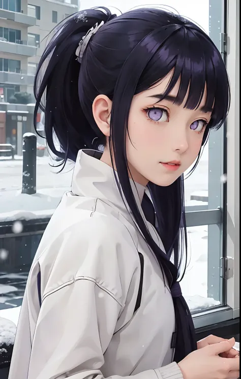 best quality, detailed background, a girl,sea, cafeteria, bird, snow, winter,Blunt Bangs, purple eyes, long dark blue hair, ponytail