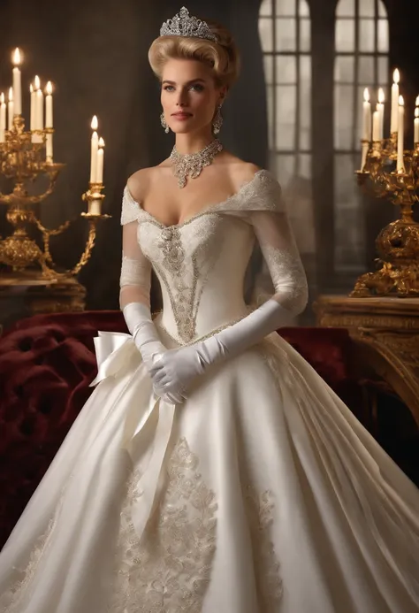 Best quality, Masterpiece, The noble queen wore a stately and delicate royal wedding dress in white satin tulle，Wear extra-long white gloves，Decorated with a huge ribbon bow, Embroidery and jewelry, Hourglass waist and voluminous Crinoline hoop skirt, whit...