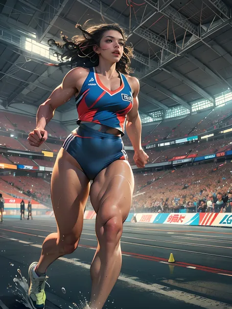 Strong female athlete, Wear high-end sportswear，Long flowing curly hair, Detailed muscle physique, Lifelike depiction, Sprint to the finish line，drenched all over the body，4K 分辨率. The stadium was packed with cheering crowds,detailedbackground，32k ULTRAHD, ...