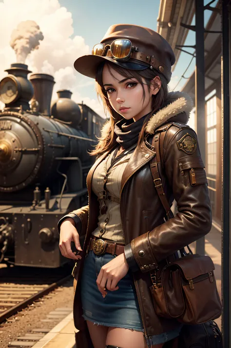 1 girl,  aviator hat ,   solo,   steam punk, train station,  , steam, smoke, masterpiece, highly detailed,HDR,8k resolution, best quality,