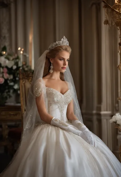 Best quality, Masterpiece, The noble queen wore a solemn and exquisite royal wedding dress in white satin tulle，Wear extra-long white gloves，Decorated with a huge ribbon bow, Embroidery and jewelry, Hourglass waist and voluminous Crinoline hoop skirt, whit...