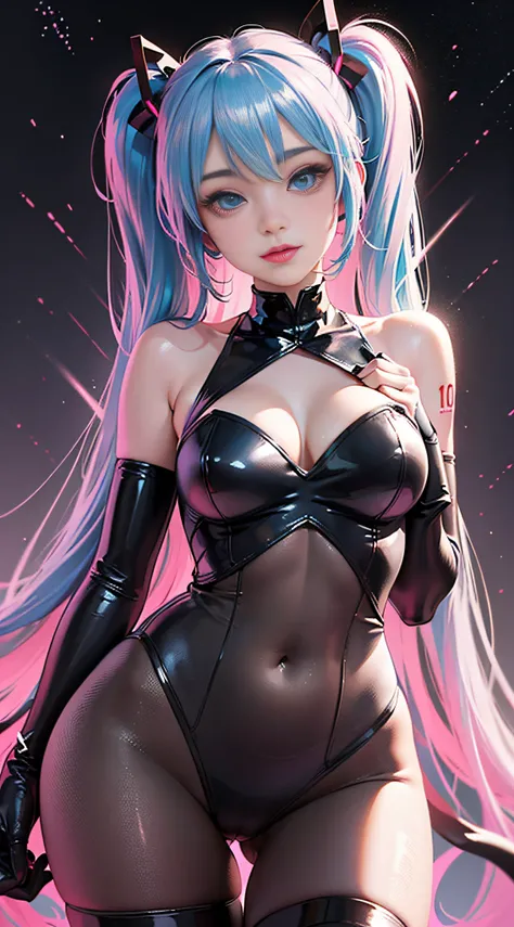 (((tmasterpiece))), 1girll, Hatsune Miku, vocal, Super detailed, hyperrealistic face, (flirty expression), (pink leotard), Blue gloves, Pantyhose, ((Super cute face)), ((Angelic face)), ((Incredibly beautiful eyes)), (glowing light eyes), (full bodyesbian)...