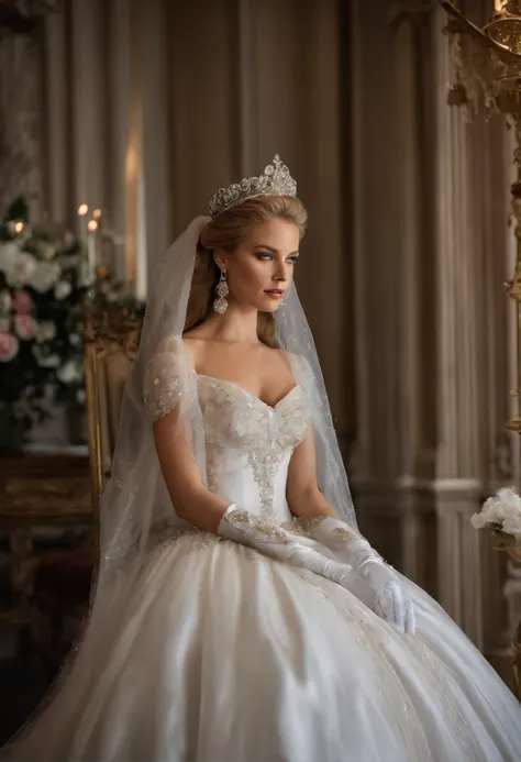 Best quality, Masterpiece, The noble queen wore a solemn and exquisite royal wedding dress in white satin tulle，Wear extra-long white gloves，Decorated with a huge ribbon bow, Embroidery and jewelry, Hourglass waist and voluminous Crinoline hoop skirt, whit...