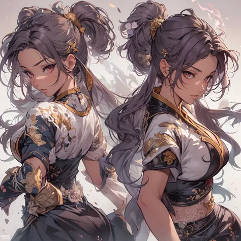 ((Masterpiece, Highest quality)), Detailed face, CharacterDesignSheet， full bodyesbian, Full of details, Multiple poses and expressions, Highly detailed, Depth, Many parts，Martial arts girl，double-ponytail，estilo fantasia，Extremely beautiful，High Balance, ...