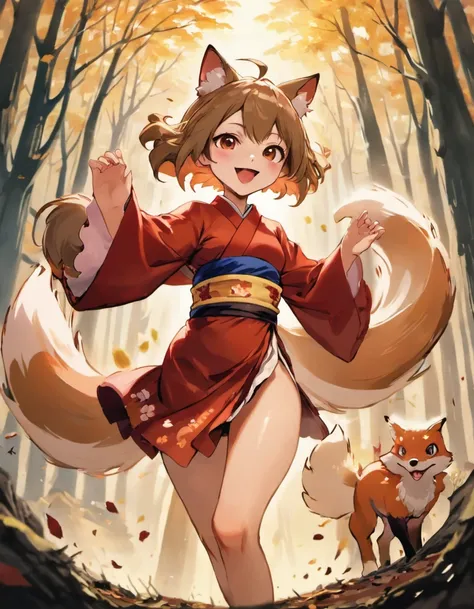 Two-shot photo of a girl and Fox,(Fox with four imaginary tails:1.3),(Yokai Four-Tailed Heavenly Fox Fantasy,),(With a girl bent down deep in the forest and looking up,Fox Yokai Four-Tailed Heavenly Fox Protecting a Girls Back Two-Shot Movie Poster), (natu...