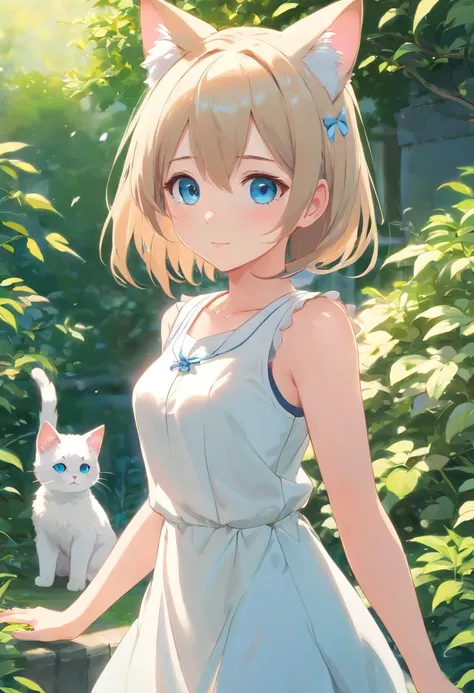 Cat-eared girl in white dress standing in garden, BREAK，silber hair，e Blue Eyes，(((Sleeveless)))，Hang the laundry out to dry，loli in dress, small curvy loli, Guviz-style artwork, Guweiz in Pixiv ArtStation,  Guviz, small loli girl, soft anime illustration,...