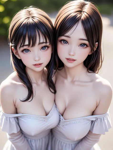 ((2little girls)), (Ultra realistic, high res), (highly detailed eyes, highly detailed hair, highly detailed face, highly detailed plump lips), (off shoulder with open breasts), breasts, upper body, caute smile, (best quality:1.4), Raw photo, (realistic, p...