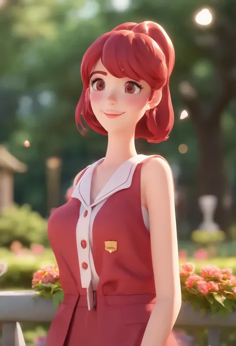 best quality, ultra high res, 1girl, solo, bareface, glowing eyes, red eyes, red hair, smile, sleeveless red button shirt, night, in the park, ((upper body)), ((puffy eyes)), (((looking at viewer))), ((closeup)),