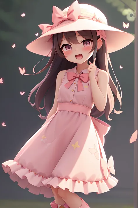 女の子1人、bow ribbon、florals、Windy, Thats why Im wearing a hat、Yawning face、Longer dress、length hair、bow ribbon、Sleeveless、a straw fedora hat、Eye Up、Urban Park、butterflys々is flying、kawaii pose、Im wearing cute boots、Stronger bokeh effect