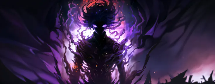 a dark haired woman with long hair and purple eyes stands in front of a purple light, glowing black aura, anime epic artwork, evil aura, dark aura, darkness aura, handsome guy in demon slayer art, advanced digital anime art ”, fractal thunder dan mumford, ...