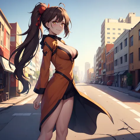 1girl,Zuikaku in Sw2099 costume,gigantic breasts,superhero pose,standing in ruined city,(8k),scratches,detailed face,brown hair,yellow eyes,very long hair,embarassed,small smile face, side ponytail,orange eyeshadow,hair ornament, high_res, high_definition,