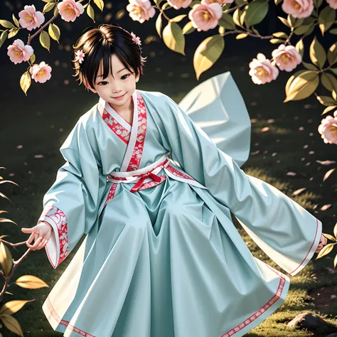 Movie Angle，（Cute little boy anatomically correct，full bodyesbian，Masterpiece camellia，Masterpiece Hanfu，ssmile），（illustratio，paper art，3Drenderingof），（plethora of colors，Best quality，high detal，tmasterpiece，Cinematic lighting effects，4K，Chiaroscuro）