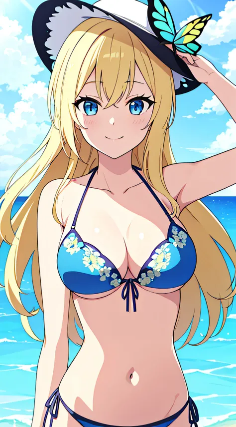 1girl, breasts, solo, kashiwazaki_sena, blonde_hair, swimsuit, bikini, one_eye_closed, hair_ornament, blue_eyes, large_breasts, ...