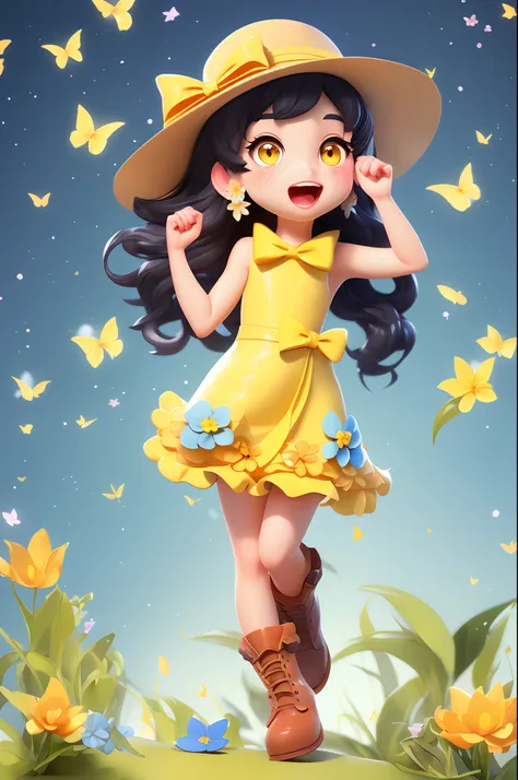 女の子1人、blue ribbons、florals、Windy, Thats why Im wearing a hat、Yawning face、Longer dress、length hair、bow ribbon、Sleeveless、a straw fedora hat、Eye Up、yellow  eyes、Urban Park、butterflys々is flying、kawaii pose、Im wearing cute boots、Stronger bokeh effect