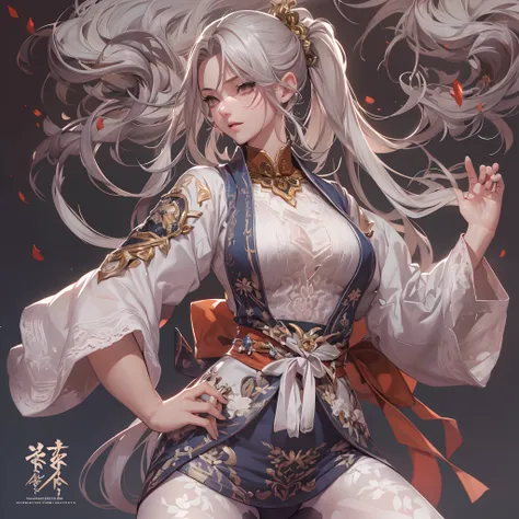 ((Masterpiece, Highest quality)), Detailed face, CharacterDesignSheet， full bodyesbian, Full of details, Multiple poses and expressions, Highly detailed, Depth, Many parts，Martial arts girl，double-ponytail，estilo fantasia，Extremely beautiful，High Balance, ...