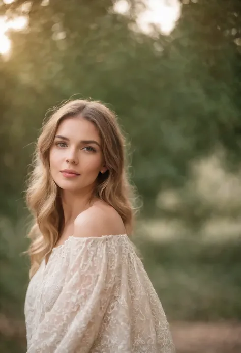 young person of approximately 20 years,  rubia, ojos celestes, cara tierna, ternura, mirada inocente, sonrisa perdida, iluminacion tenue, fondo parque, luz tenue, vestimenta simple roja