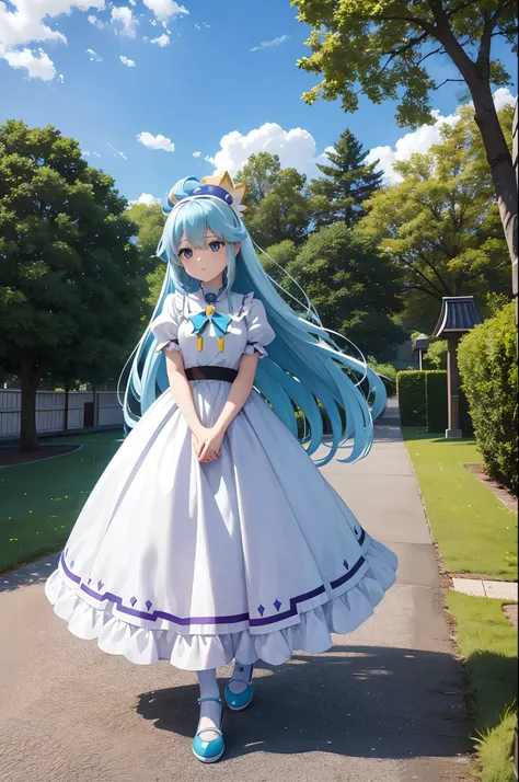 ​masterpiece, top-quality, Princess_aqua_Konosuba, White and purple dress, Black eyes, Light blue long hair、 standingn, (borgar: 1.1), ​​clouds, A path lined with yellow ginkgo trees、Near and far law、blue-sky