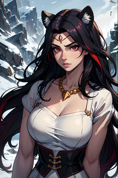 (masterpiece, best quality:1.2), 1man, upper body, tail, large tail, black hair, very long hair, wavy hair, red eyes, detailed eyes, multicolored hair, circlet, bead necklace, animal ears, leopard ears, black cape, white attire, snowy, snowy mountains, bli...