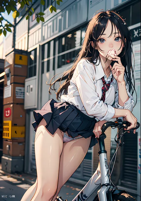 (masutepiece:1.2), (Best Quality:1.2), (Extremely detailed:1.2), (extra detailed face), (Photorealistic:1.2), (ultra-detailliert), 1 cute girl , City Bike Pedaling, Put bread in your mouth , front, From below, School uniform, ((Frosting skirt)), ((Panties)...