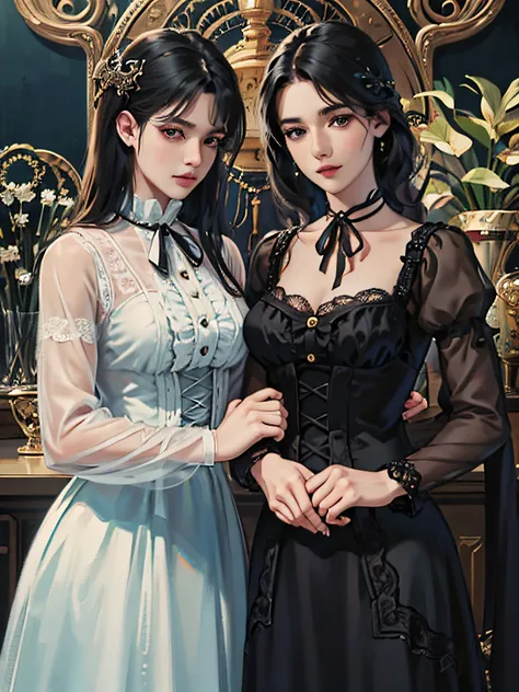 ultra-detailliert、top-quality、hight resolution、​masterpiece、foco nítido、3/5 shots、Official art、Magical atmosphere、romanticism、Literary fashion、Victorian Accessories、Intricate ironwork decoration、Lace costumes、emotional depth、Classy and supernatural atmosph...