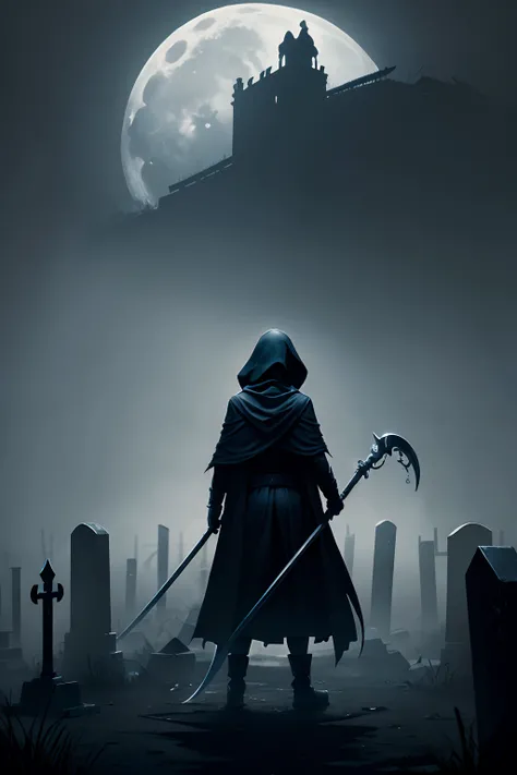 mysterious, hooded figure with a scythe, standing in a misty graveyard under a full moon. The figure should be shrouded in darkness, with only the eerie glow of their eyes and the blade of the scythe visible.”