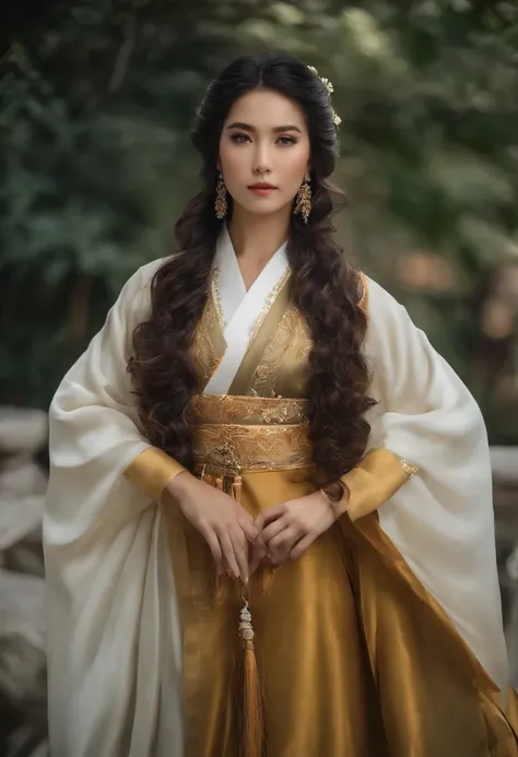 1girl, (hanfu), brilhante, side-lighting, papel de parede, um close up de uma mulher com longos cabelos cacheados usando uma jaqueta, longos cabelos castanhos encaracolados, longos cabelos cacheados intrincados, cabelos castanhos cacheados, long messy curl...