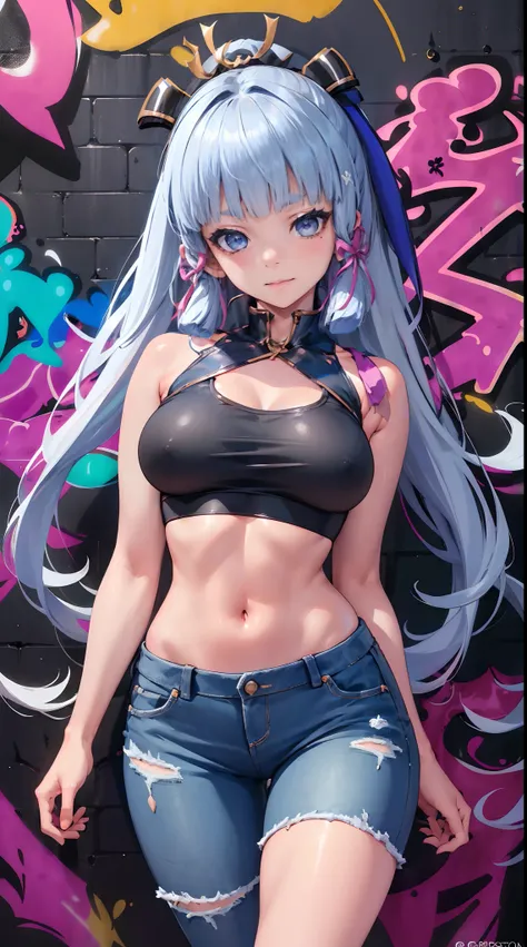 kamisato ayaka|genshin impact, master-piece, bestquality, 1girls,20 age, Double tail hairstyle, proportional body, crop top, Long Jeans, oversized breasts, ,bara, crop top, shorts jeans, (Graffiti:1.5), Splash with purple lightning pattern., arm behind bac...